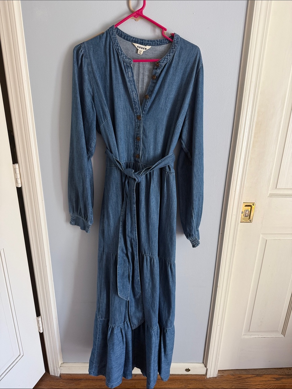 Boden Chambray Button-Front Maxi Dress in Blue